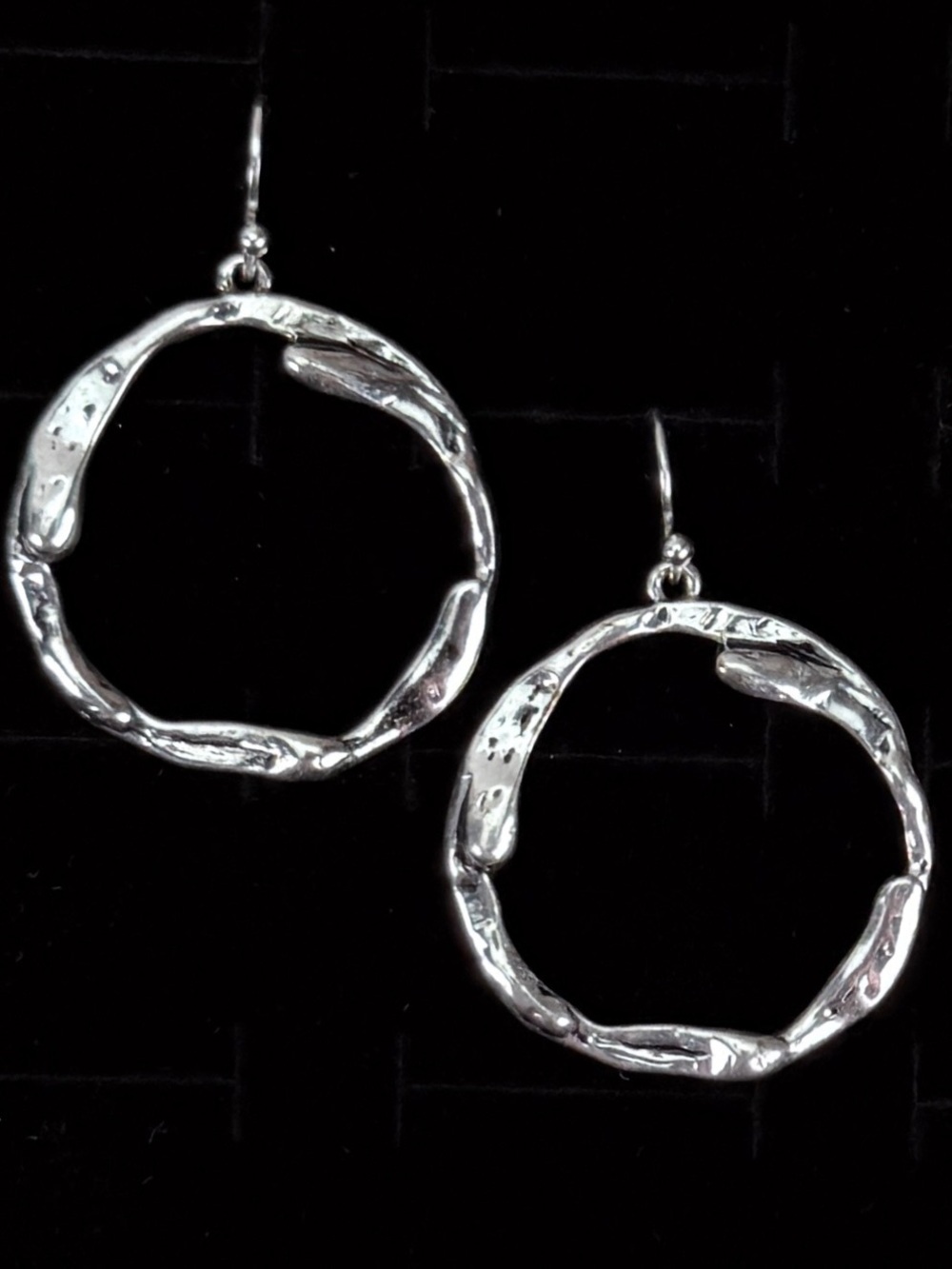 Silvertone Hoop Drop Pierced Earrings - Textured Circle Design